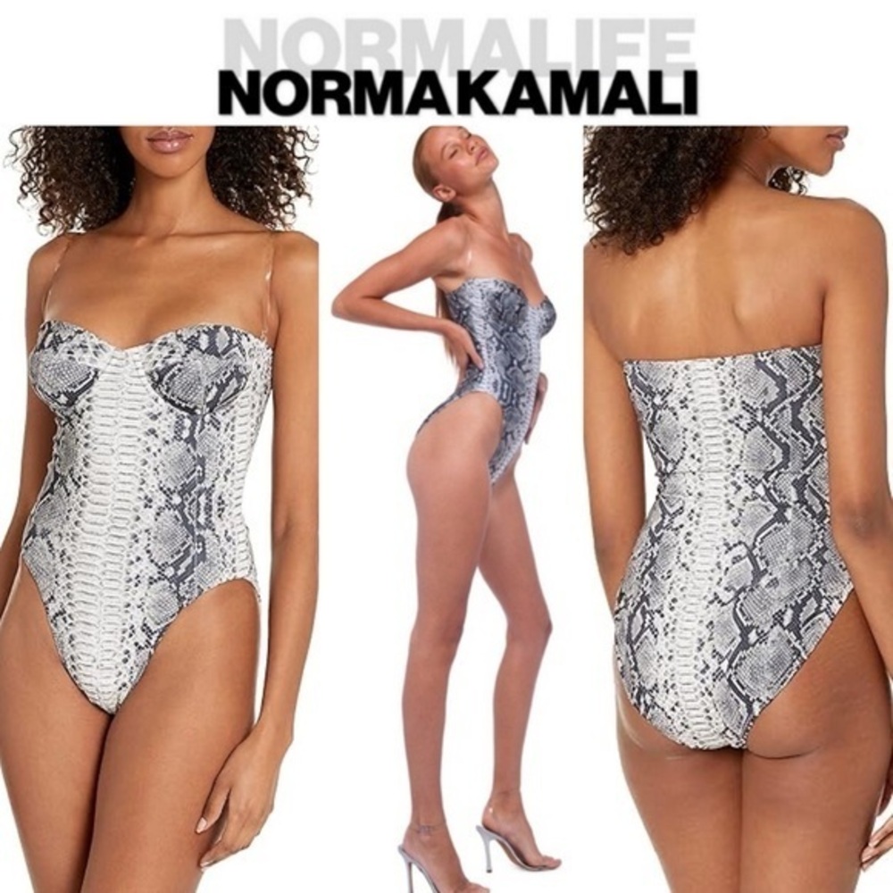 Norma Kamali Monochrome Corset Mio Python-Print One-Piece Swimsuit Snake Sz S